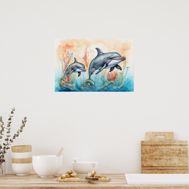 Watercolor dolphins art print poster (Kök)