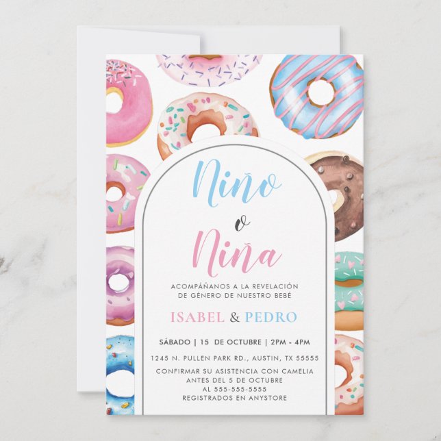 Watercolor Donut Nino o Nina Spanska Genderna Reve Inbjudningar (Framsida)