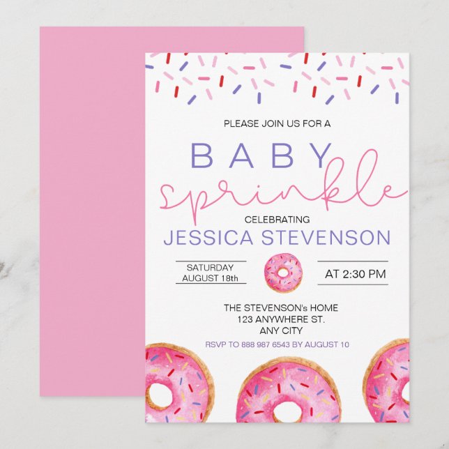 Watercolor Donuts girl Baby Sprinkle Shower Inbjudningar (Fram/baksida)