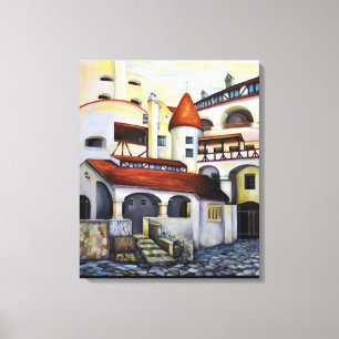 Watercolor Dracula Castle Insida Courtyard Canvastryck