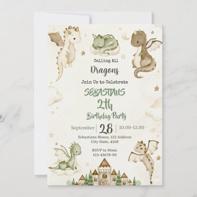 Watercolor Dragon Birthday Party Invitation Inbjudningar (Framsida)