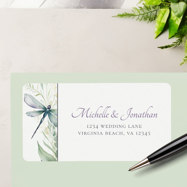 Watercolor Dragonfly och Greenery Bröllop Adress Adressetikett (Watercolor Dragonfly and Greenery Wedding Address Label)