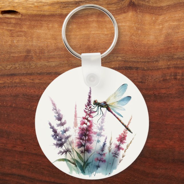 Watercolor Dragonfly Purple Wildflower Nature Art Nyckelring (Framsida)