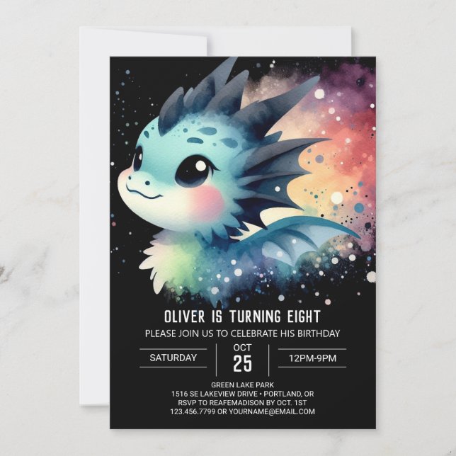 Watercolor Dreamy Dragon Birthday Inbjudningar (Framsida)