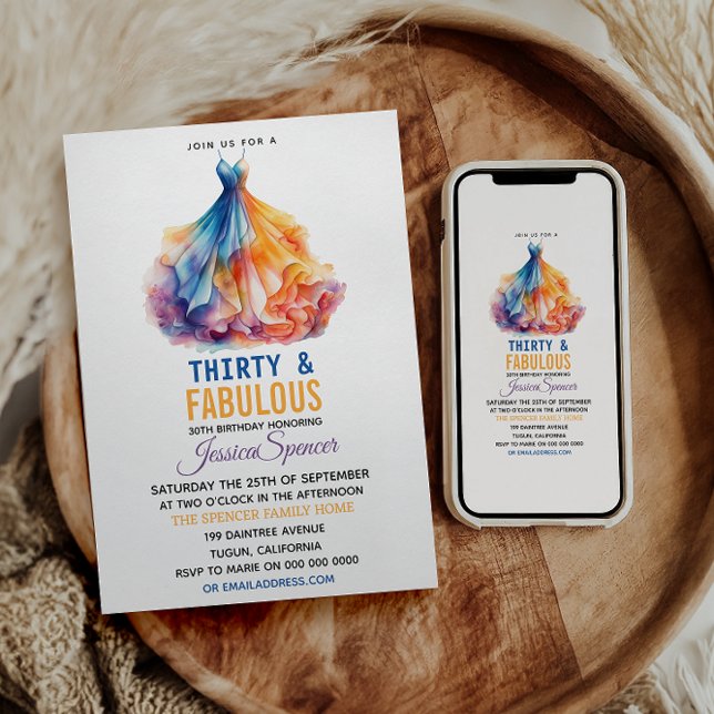 Watercolor Dress 30th Birthday Elegant & Feminine  Inbjudningar (Skapare uppladdad)