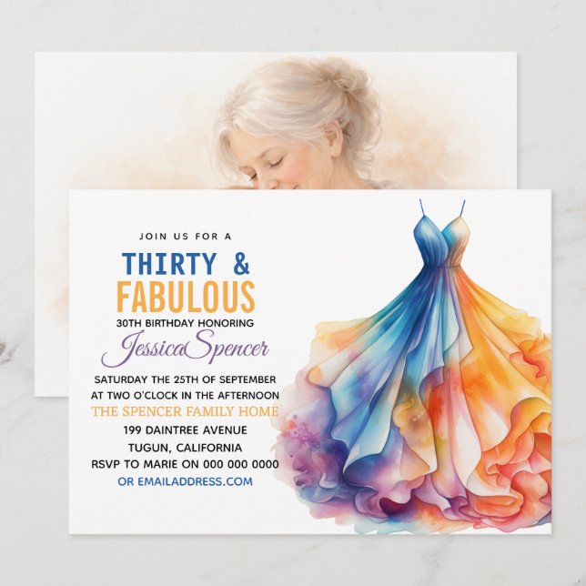 Watercolor Dress 30th Birthday Elegant & Feminine  Inbjudningar (Fram/baksida)