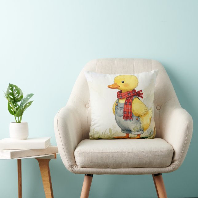 Watercolor Duckling Wearing Denim Overalls Kudde (Stol)