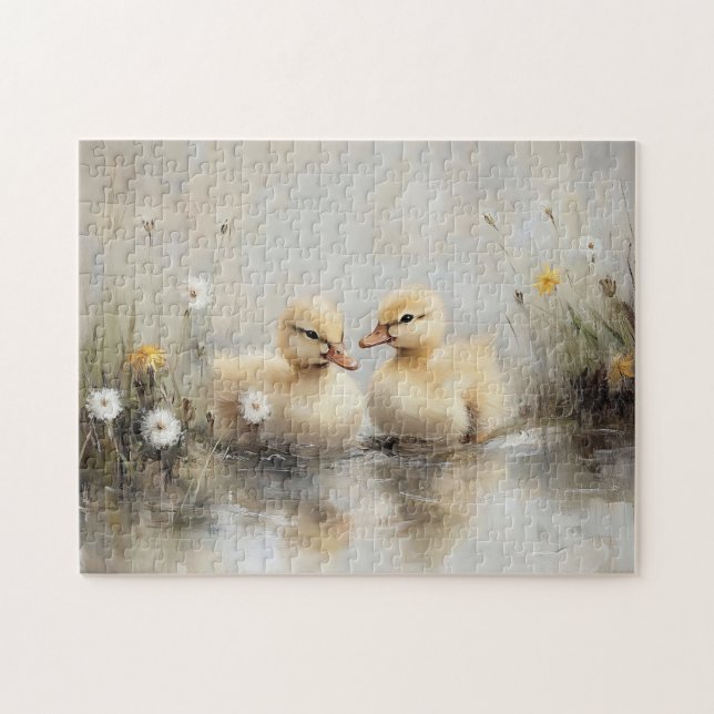 Watercolor Ducklings Dandelion Flowers Pussel (Horisontell)