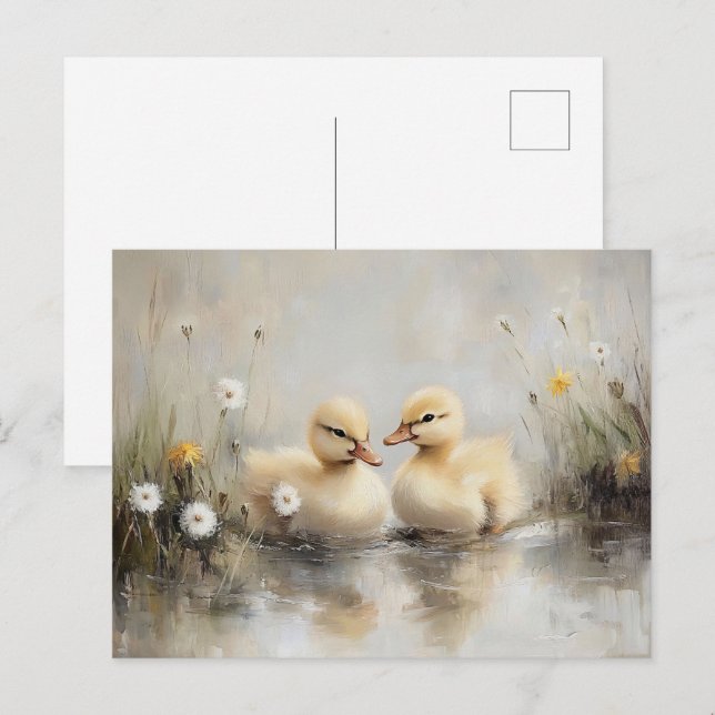 Watercolor Ducklings Dandelion Flowers Vykort (Fram/baksida)