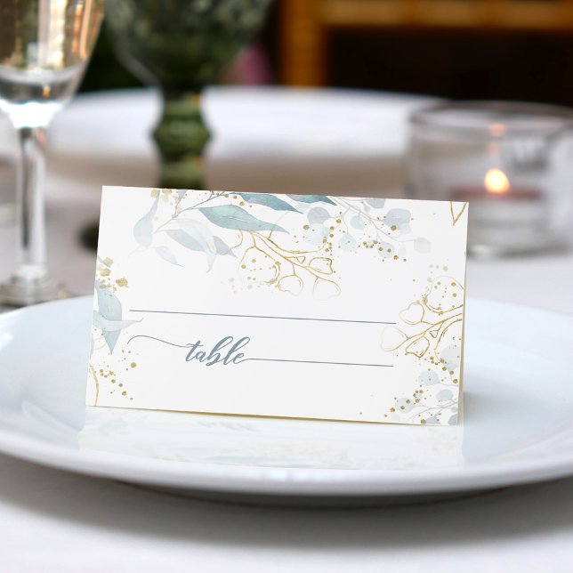 Watercolor Dusty Blue Blommigt Boho Elegant bröllo Placeringskort (Elegant dusty blue greenery with gold accent makes this the perfect place card for your boho wedding)