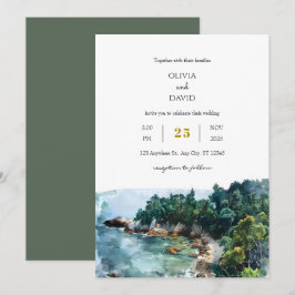 Watercolor Dusty Blue Coastal Woodsy Beach Wedding Inbjudningar