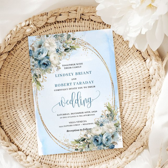 Watercolor Dusty Blue Floral Gold Wedding Invite Inbjudningar (Watercolor Dusty Blue Floral Gold Wedding Invitation)