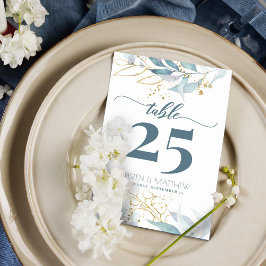 Watercolor Dusty Blue Guld Blommigt Elegant bröllo Bordsnummer