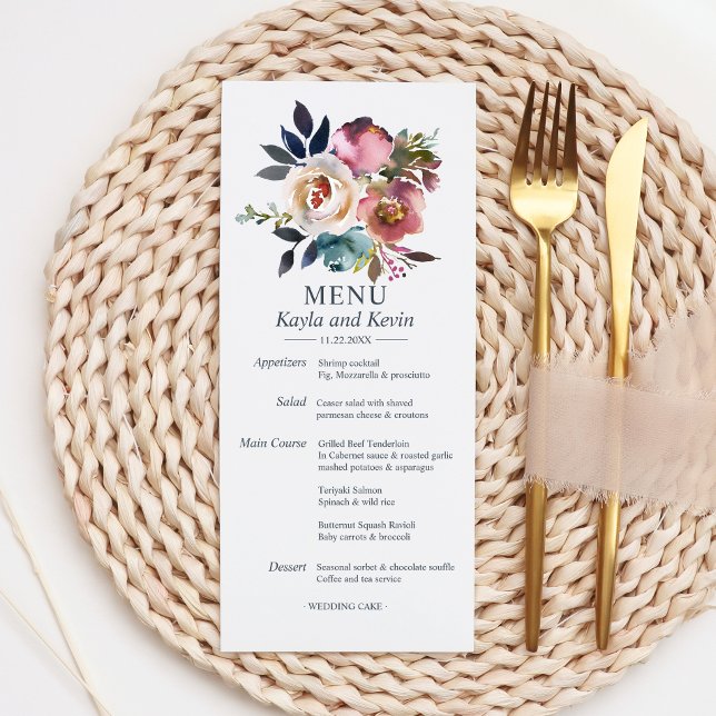 Watercolor Dusty Blue Mauve Blommigt Bröllop MENU Meny (Watercolor Dusty Blue Mauve Floral Wedding MENU)