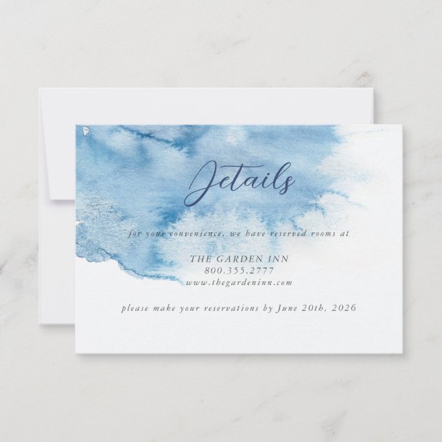 Watercolor Dusty Blue Wedding Details Card Spara Datumet (Framsida)