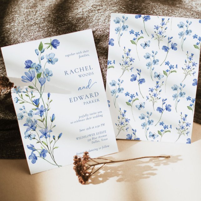 Watercolor Dusty Blue Wildblomma Bröllop Inbjudningar (Skapare uppladdad)