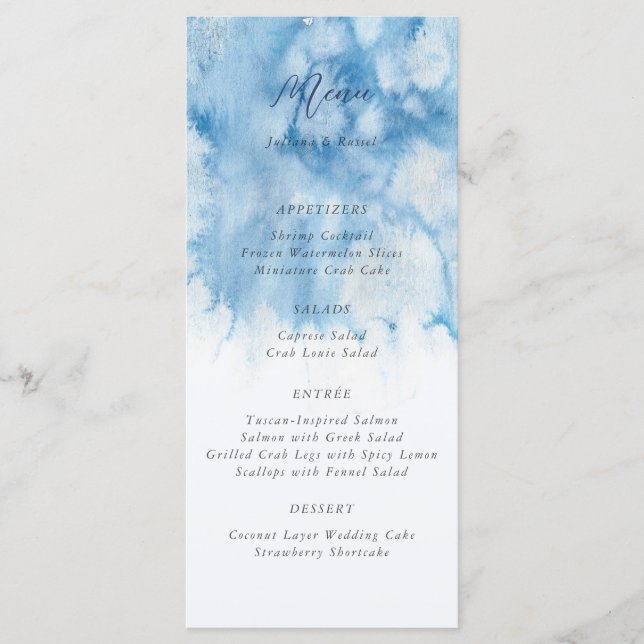 Watercolor Dusty Blue Winter Wedding Menu Meny (Framsida)
