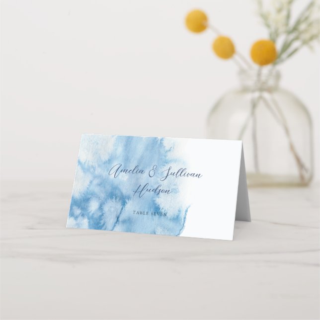Watercolor Dusty Blue Winter Wedding Place Card Placeringskort (Framsida)