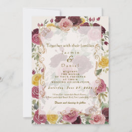 Watercolor Dusty Burgundy Yellow Roses/Cream Flat Inbjudningar