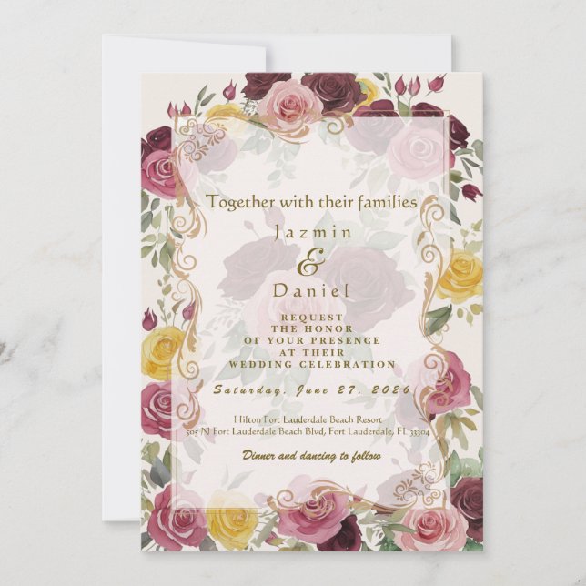 Watercolor Dusty Burgundy Yellow Roses/Cream Flat Inbjudningar (Framsida)