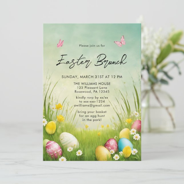 Watercolor Easter Brunch Egg Hunt Invitation Inbjudningar (Stående Fram)