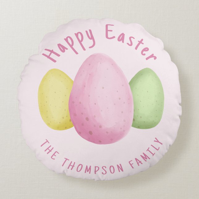Watercolor Easter Eggs Pink Happy Easter Rund Kudde (Framsidan)