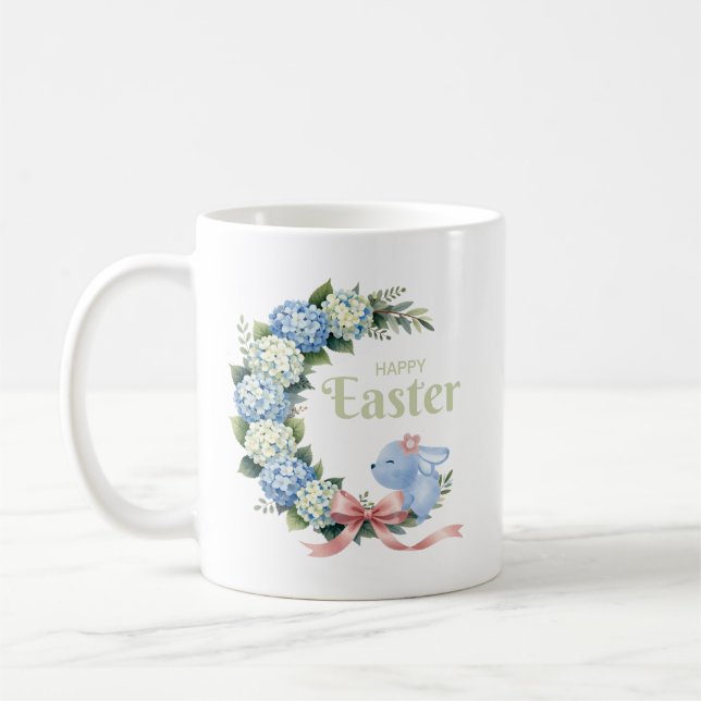 Watercolor Easter Hydrangea Wreath Cute Bunny Kaffemugg (Vänster)