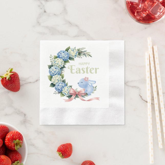 Watercolor Easter Hydrangea Wreath Cute Bunny Pappersservett (Insitu)
