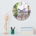 Watercolor Eifel Torn Paris Fransk Cafe Stor Klocka<br><div class="desc">Vattenfärgen Eifel Paris Fransk Cafe Clock i Torn har ett fransk-kaféområde med Paris och Eifel Torn i bakgrunden. Skapat av Evco Studio www.zazzle.com/store/evcostudio</div>