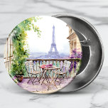 Watercolor Eifel Tower Paris French Cafe Knapp<br><div class="desc">Watercolor Eifel Tower Paris French Cafe Buttons features a watercolor french cafe seating area with Paris and the Eifel Tower in the background. Created by Evco Studio www.zazzle.com/store/evcostudio</div>