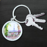 Watercolor Eiffel Torn Paris Fransk Cafe Rund Silverfärgad Nyckelring<br><div class="desc">Vattenfärgen Eiffel Torn Paris Fransk Cafe Keychain har en fransk kaféyta med Paris och Eiffel Torn i bakgrunden. Skapat av Evco Studio www.zazzle.com/store/evcostudio</div>
