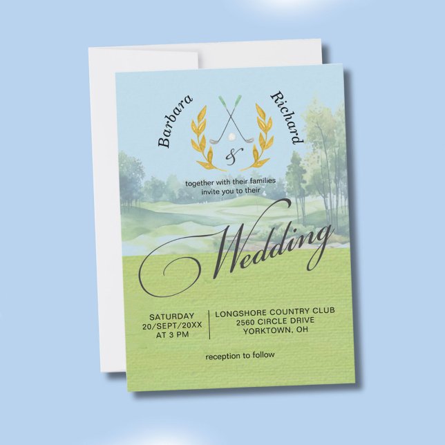 Watercolor Elegant Golf Wedding w/Details  Inbjudningar (Skapare uppladdad)