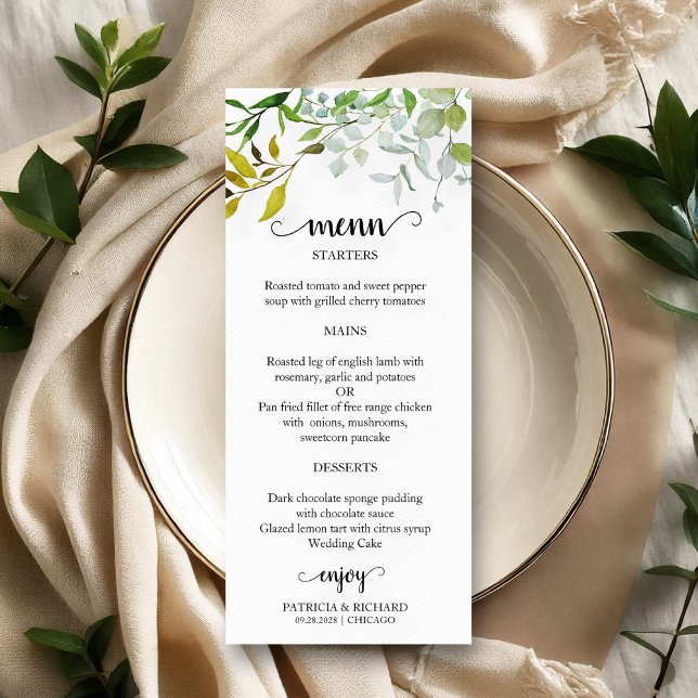 Watercolor Elegant Greenery Bröllop Menu Meny (Skapare uppladdad)