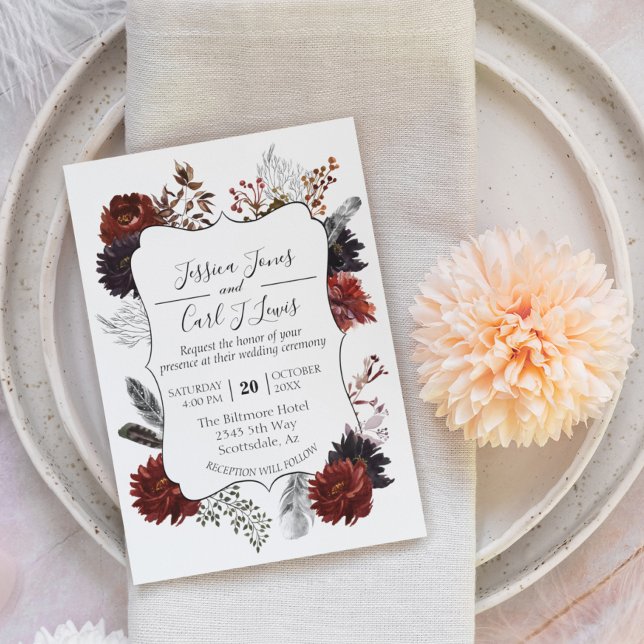 Watercolor Elegant Halloween Blommigt Boho Burgund Inbjudningar (Skapare uppladdad)