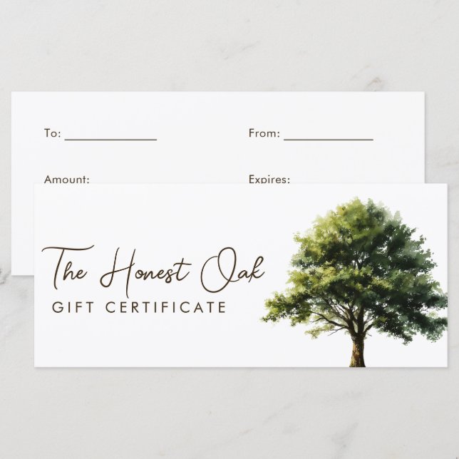 Watercolor Elegant Oak Tree Gift Certificate (Fram/baksida)