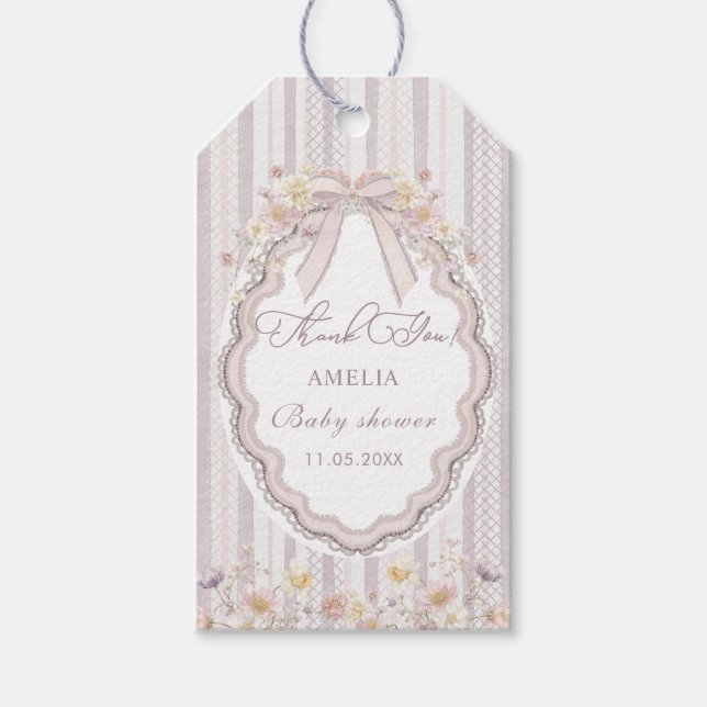 Watercolor Elegant Pastel wildflower bow lace  Bab Presentetikett (Framsidan)