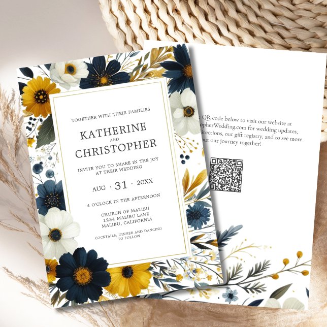 Watercolor Elegant Wildblommor Bröllop Inbjudningar (Watercolor Floral Wedding Invitation with Blue and Yellow Wildflowers, QR Code for Wedding Website.)