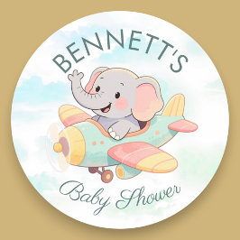 Watercolor Elephant Airplane Baby Shower Sticker Runt Klistermärke