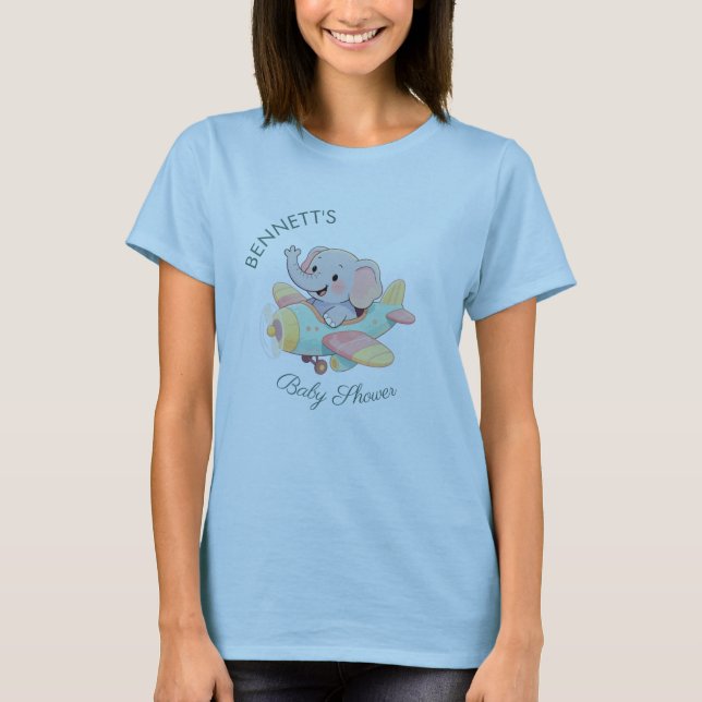 Watercolor Elephant Airplane Baby Shower T-Shirt (Framsida)