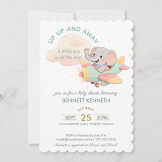 Watercolor Elephant Airplane Boy Invitation Inbjudningar