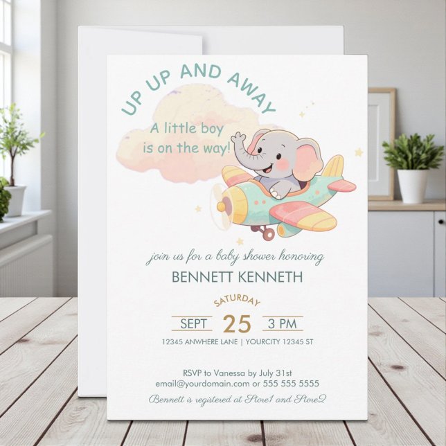 Watercolor Elephant Airplane Boy Invitation Inbjudningar (Skapare uppladdad)