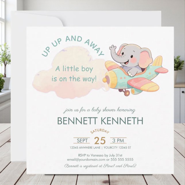 Watercolor Elephant Airplane Boy Invitation Spara Datumet (Skapare uppladdad)