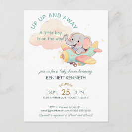 Watercolor Elephant Airplane Boy Invitation Vykort