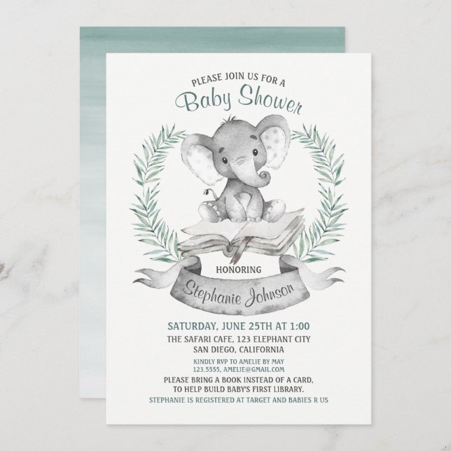 Watercolor Elephant Baby Shower Bok Inbjudningar (Fram/baksida)
