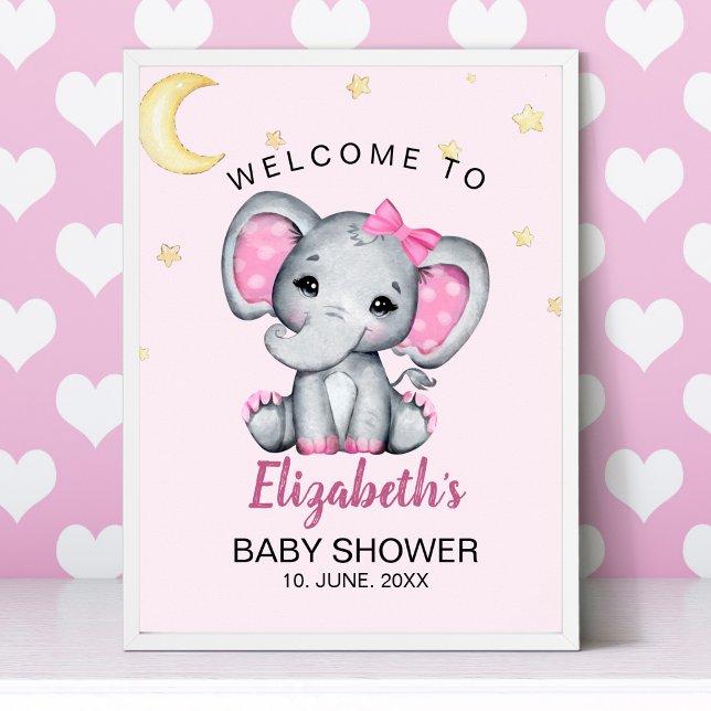 Watercolor Elephant Baby Shower Girl Pink and Gray Poster (Skapare uppladdad)