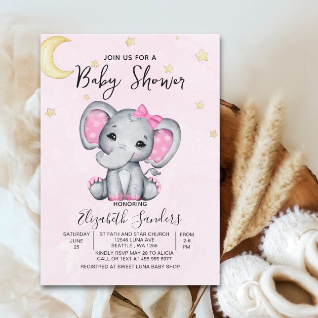 Watercolor Elephant Baby Shower Girl Pink Inbjudningar (Skapare uppladdad)