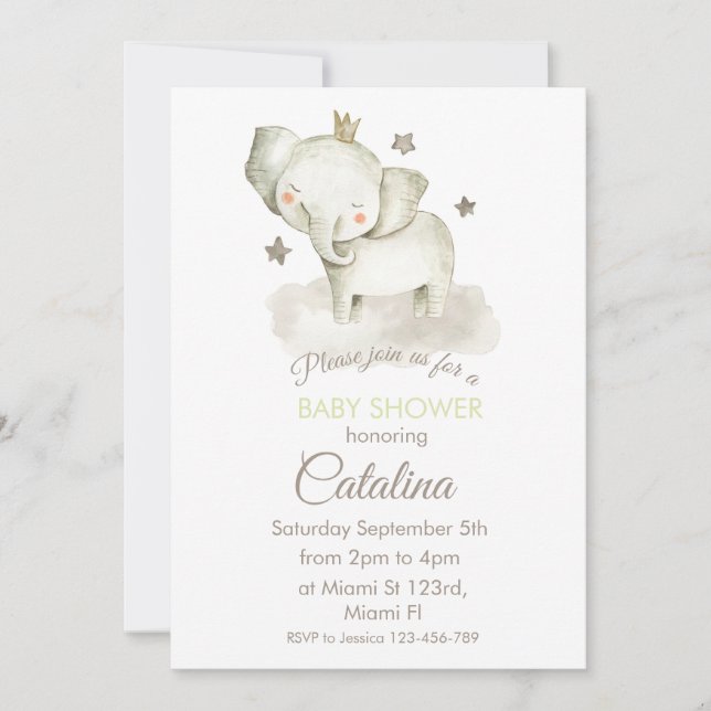 Watercolor Elephant Baby Shower Invitation Inbjudningar (Framsida)