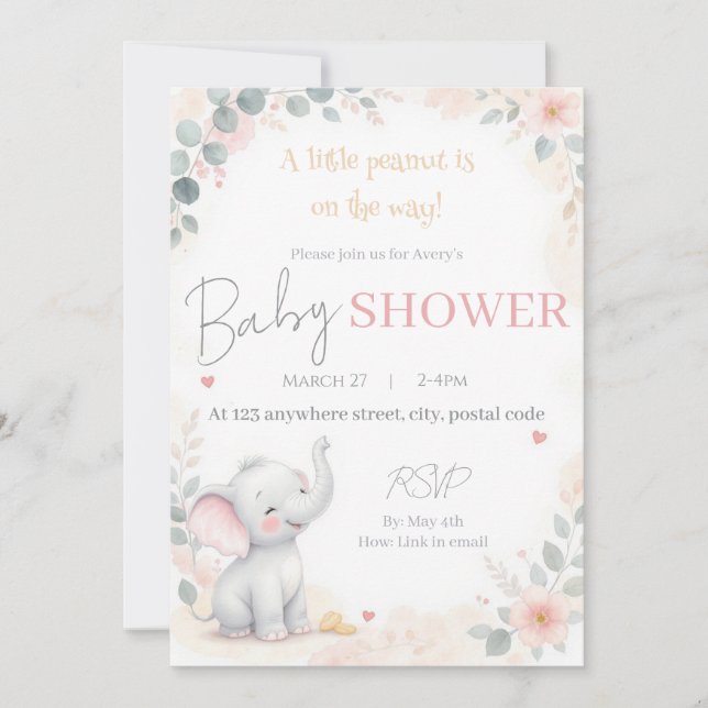 Watercolor Elephant Baby Shower Invitation Inbjudningar (Framsida)