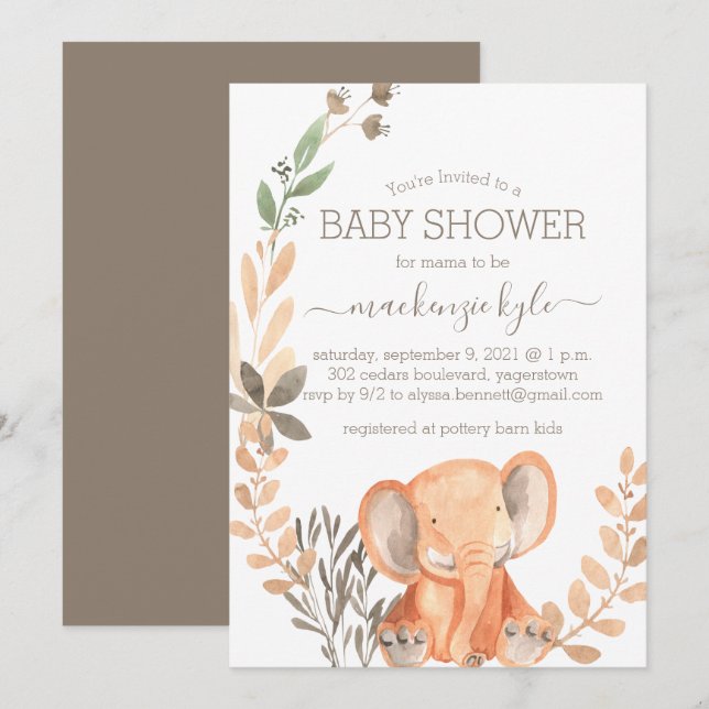 Watercolor Elephant Boho Safari Baby Shower (Fram/baksida)