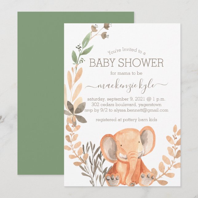 Watercolor Elephant Boho Safari Baby Shower (Fram/baksida)